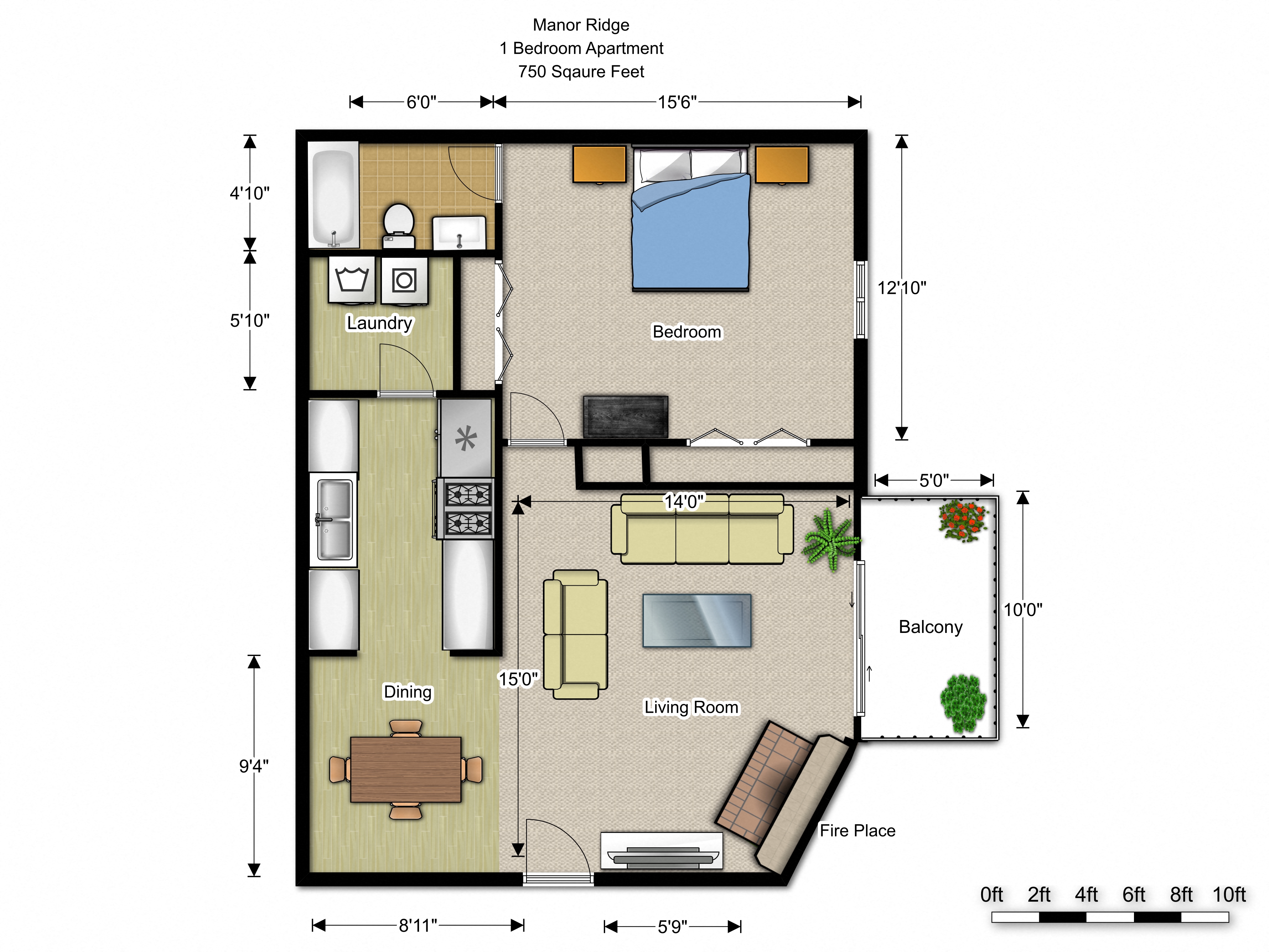 Floor plan for 1 bed, 1 bath, 750 sqft